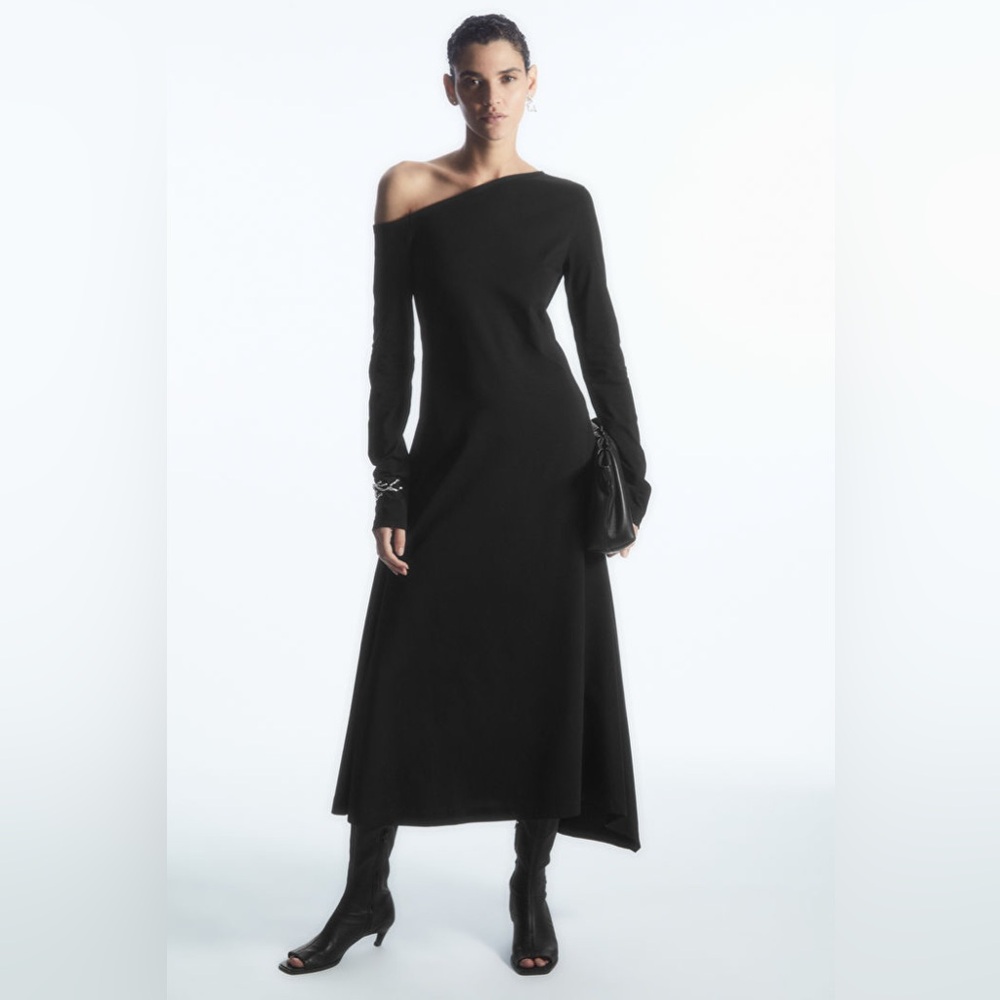 COS OFF-THE-SHOULDER ASYMMETRIC MIDI DRESS